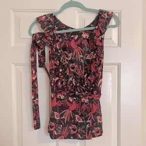 French connection wrap ruffle top with bird print
